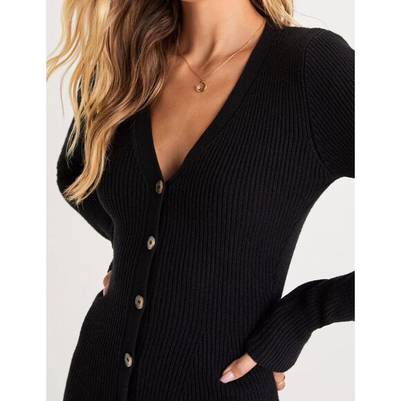 Women's Black V-Neck Ribbed Knit Mini Dress Long Sleeve Button Front - Picture 3 of 4